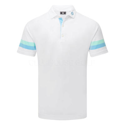 FootJoy Sleeve Stripe Pique Golf Polo Shirt White/Blue Reef/Sea Glass 39280