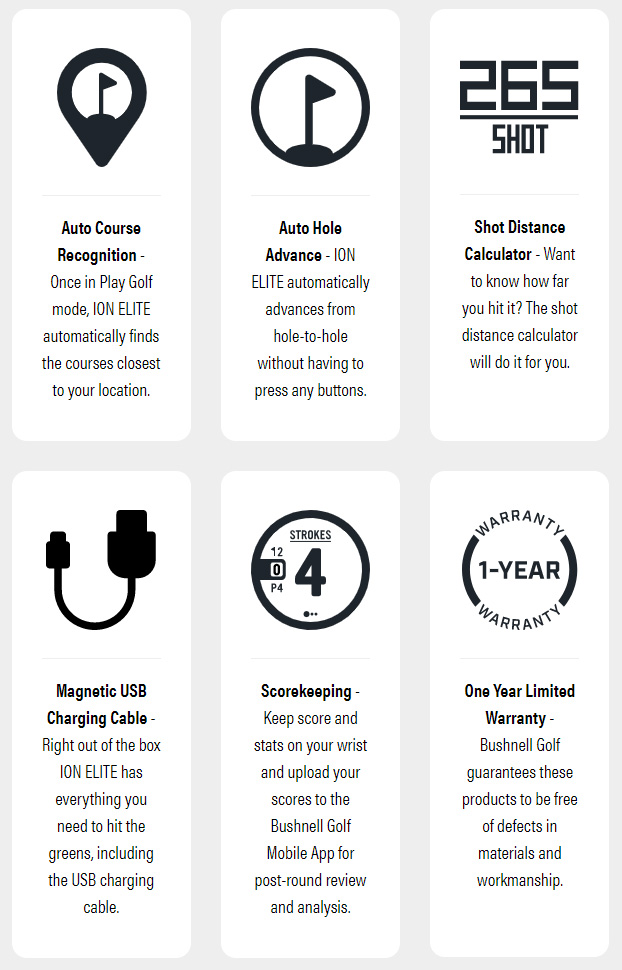 Bushnell iON Elite Golf GPS Watch Spec Chart