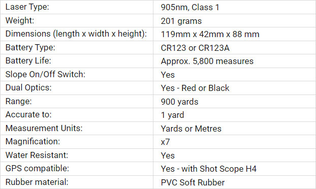 Shot Scope PRO LX Laser Golf Rangefinder Spec Chart