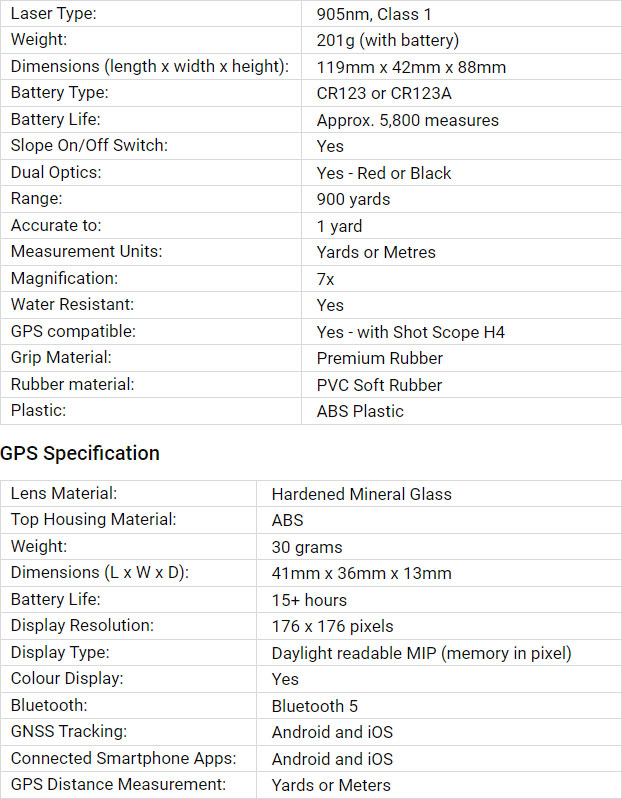 Shot Scope PRO LX+ Laser Golf Rangefinder Spec Chart